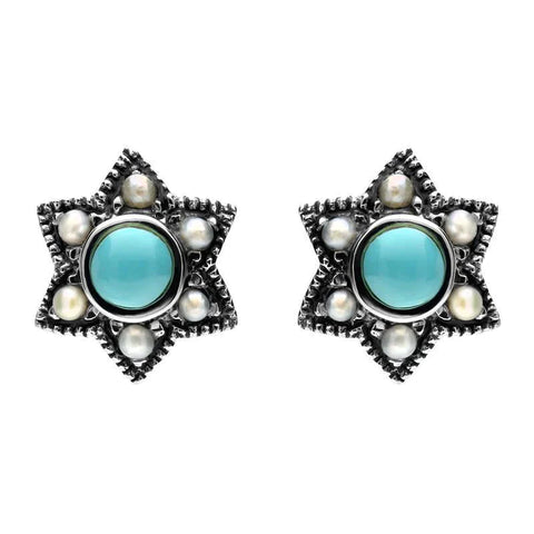 Sterling Silver Turquoise Pearl 6 Point Star Stud Earrings. E1638.