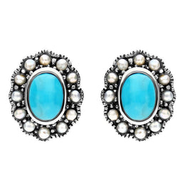 Sterling Silver Turquoise Pearl Oval Beaded Edge Stud Earrings. E1632.