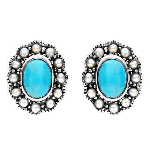 Sterling Silver Turquoise Pearl Oval Beaded Edge Stud Earrings. E1632.