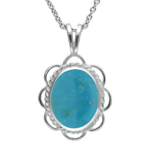 Sterling Silver Turquoise Rope Edged Oval Frill Necklace, P037