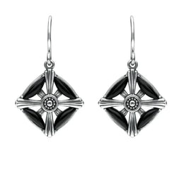 Sterling Silver Whitby Jet 4 Stone Square Cross Drop Earrings. E1954