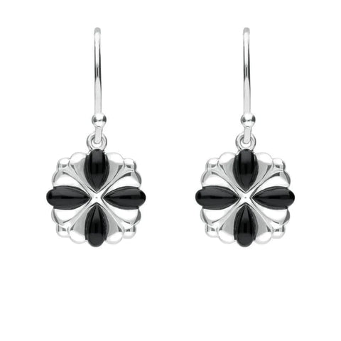 Sterling Silver Whitby Jet 4 stone Cross Drop Earrings. E1957