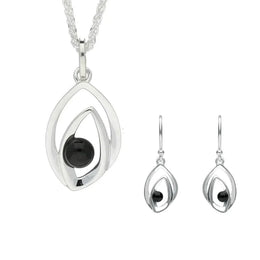 Sterling Silver Whitby Jet Abstract Flame Two Piece Set