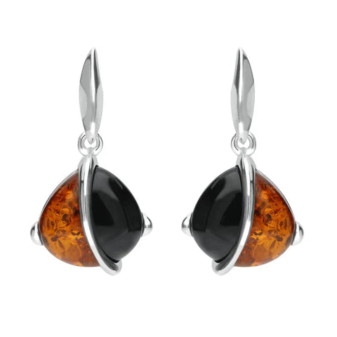 Sterling Silver Whitby Jet Amber Double Stone Pear Drop Earrings E1795