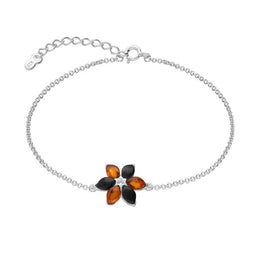 Sterling Silver Whitby Jet Amber Six Stone Petal Flower Bracelet B1160