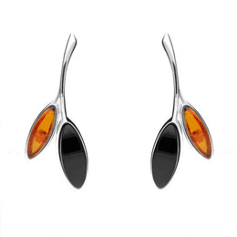 Sterling Silver Whitby Jet Amber Two Leaf Drop Stud Earrings E2433