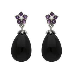 Sterling Silver Whitby Jet Amethyst Pearl Flower Drop Earrings E1701