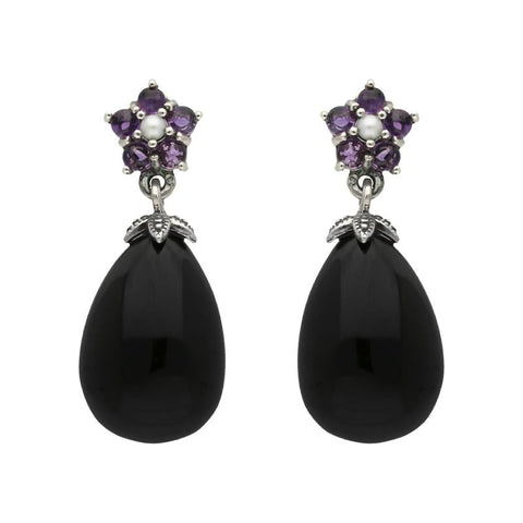 Sterling Silver Whitby Jet Amethyst Pearl Flower Drop Earrings E1701