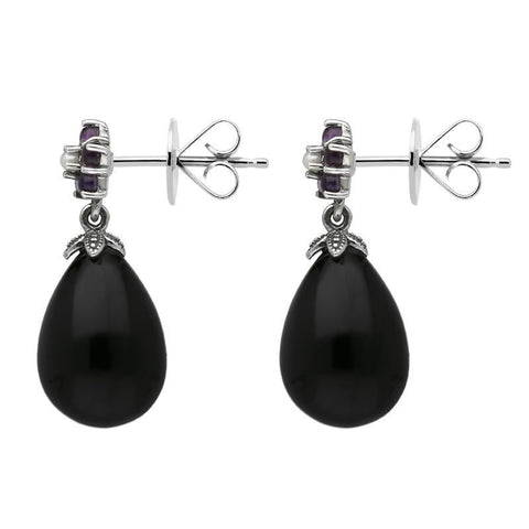 Sterling Silver Whitby Jet Amethyst Pearl Flower Drop Earrings E1701