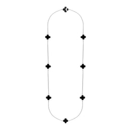 Sterling Silver Whitby Jet Bloom Eight Stone Four Leaf Clover Chain Necklet, N1042