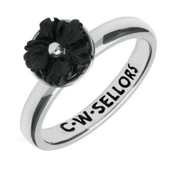 Sterling Silver Whitby Jet Tuberose Carved Flower Ring. R630.