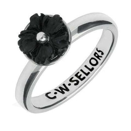 Sterling Silver Whitby Jet Tuberose Carved Flower Ring. R630.