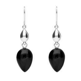 Sterling Silver Whitby Jet Carved Pear Bead Drop Hook Earrings E1530