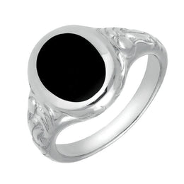 Sterling Silver Whitby Jet Carved Shoulder Oval Signet Ring. R099