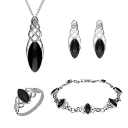 Sterling Silver Whitby Jet Celtic Marquise Piece Set. S012 