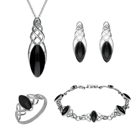 Sterling Silver Whitby Jet Celtic Marquise Piece Set. S012 