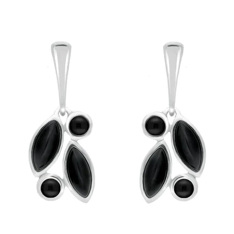 Sterling Silver Whitby Jet Four Stone Leaf Drop Earrings E1803