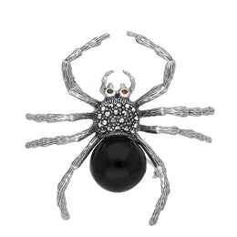 Sterling Silver Whitby Jet Garnet Marcasite House Style Large Spider Brooch. M343.