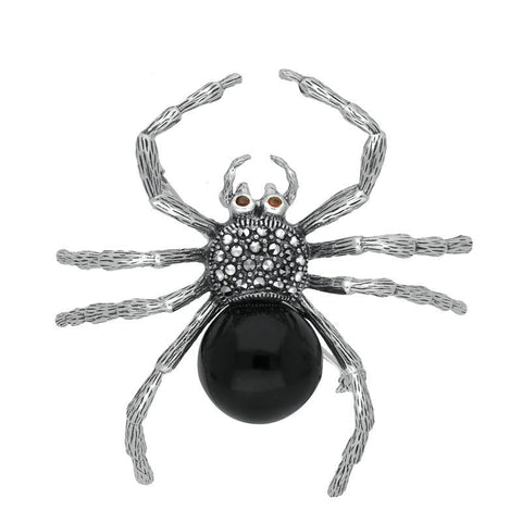 Sterling Silver Whitby Jet Garnet Marcasite House Style Large Spider Brooch. M343.