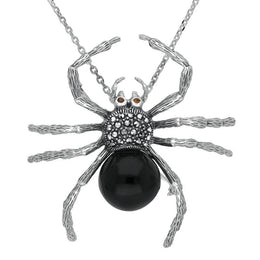 Sterling Silver Whitby Jet Garnet Marcasite House Style Large Spider Brooch. M343.