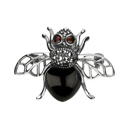 Sterling Silver Whitby Jet Marcasite Garnet Honey Bee Brooch M333