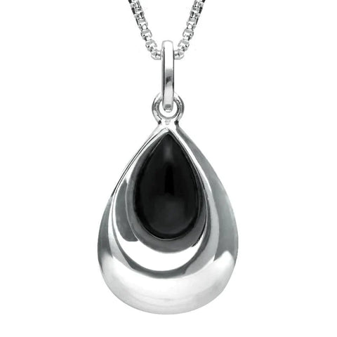 Sterling Silver Whitby Jet Half Stone Tear Drop Necklace, P2560.