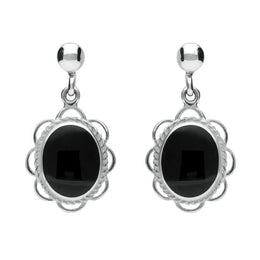 Sterling Silver Whitby Jet Large Oval Rope Frill Drop Earrings E080