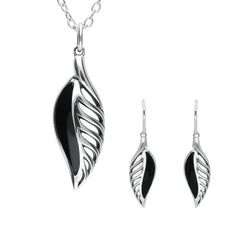 Sterling Silver Whitby Jet Leaf Drop Two Piece Set. S023