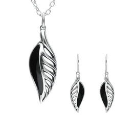 Sterling Silver Whitby Jet Leaf Drop Two Piece Set. S023