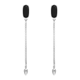 Sterling Silver Whitby Jet Lineaire Long Drop Stud Earrings. E2240.