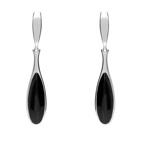 Sterling Silver Whitby Jet Long Slim Pear Drop Stud Earrings. E1110.