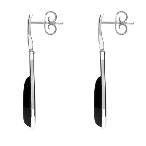 Sterling Silver Whitby Jet Long Slim Pear Drop Stud Earrings. E1110.