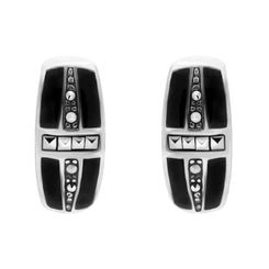 Sterling Silver Whitby Jet Marcasite Cross Barrel Stud Earrings. e611.