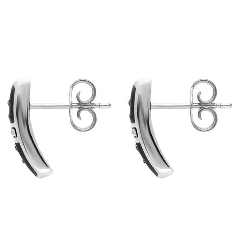 Sterling Silver Whitby Jet Marcasite Cross Barrel Stud Earrings. e611.