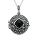 Sterling Silver Whitby Jet Marcasite Cushion Patterned Locket, P2148.