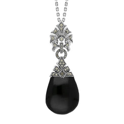 Sterling Silver Whitby Jet Marcasite Fancy Large Necklace, P2213