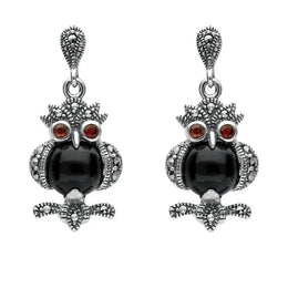 Sterling Silver Whitby Jet Marcasite Garnet Owl Two Piece Set