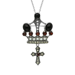 Sterling Silver Whitby Jet Marcasite Garnet Pearl Crown & Cross Necklace P2217