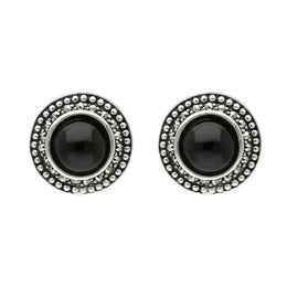 Sterling Silver Whitby Jet Marcasite Large Round Framed Stud Earrings E1698
