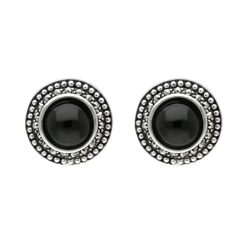 Sterling Silver Whitby Jet Marcasite Large Round Framed Stud Earrings E1698