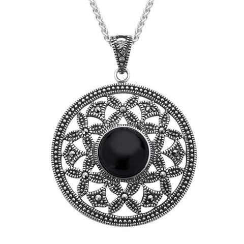 Sterling Silver Whitby Jet Marcasite Open Circle Necklace, P2142.