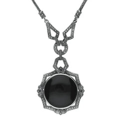 Sterling Silver Whitby Jet Marcasite Ornate Framed Necklace, N993.