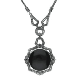 Sterling Silver Whitby Jet Marcasite Ornate Framed Necklace, N993.