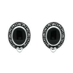 Sterling Silver Whitby Jet Marcasite Oval Framed Stud Earrings. E876. 
