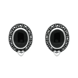Sterling Silver Whitby Jet Marcasite Oval Framed Stud Earrings. E876. 
