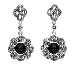 Sterling Silver Whitby Jet and Marcasite Overlap Ribbon Drop Earrings. E1786