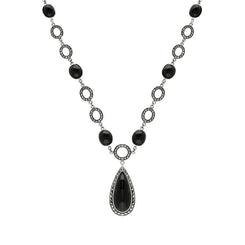 Sterling Silver Whitby Jet Marcasite Pear Drop Oval Chain Necklace, N915.