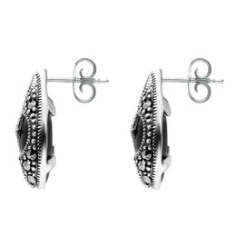 Sterling Silver Whitby Jet Marcasite Pear Shaped Stud Earrings. E2238.