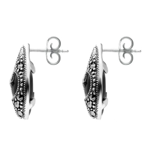 Sterling Silver Whitby Jet Marcasite Pear Shaped Stud Earrings. E2238.