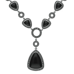 Sterling Silver Whitby Jet Marcasite Triangular Thirteen Stone Necklace, N995.